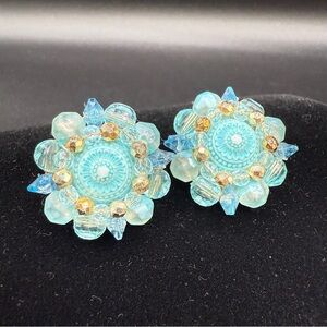 Vintage West Germany Signed 1950s Blue Cluster Earrings - Clip On